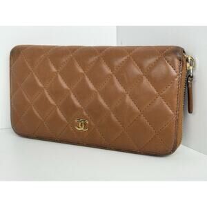 Chanel Timeless Quilted Leather Zip Around Wallet Brown with Gold Hardware